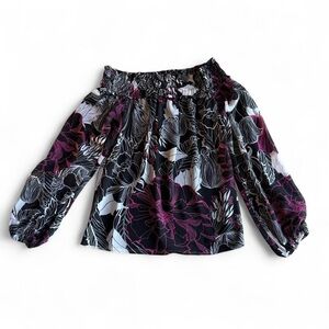 White House Black Market Floral Off-Shoulder Blouse - Black and Purple